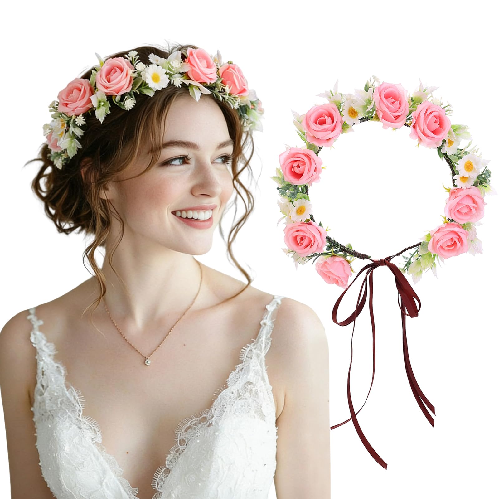 Flagogoo front view of pink flower crown shows romantic accessory