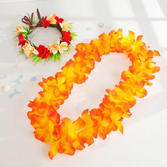 Flagogoo group wearing leis at luau illustrating photo-ready party styling
