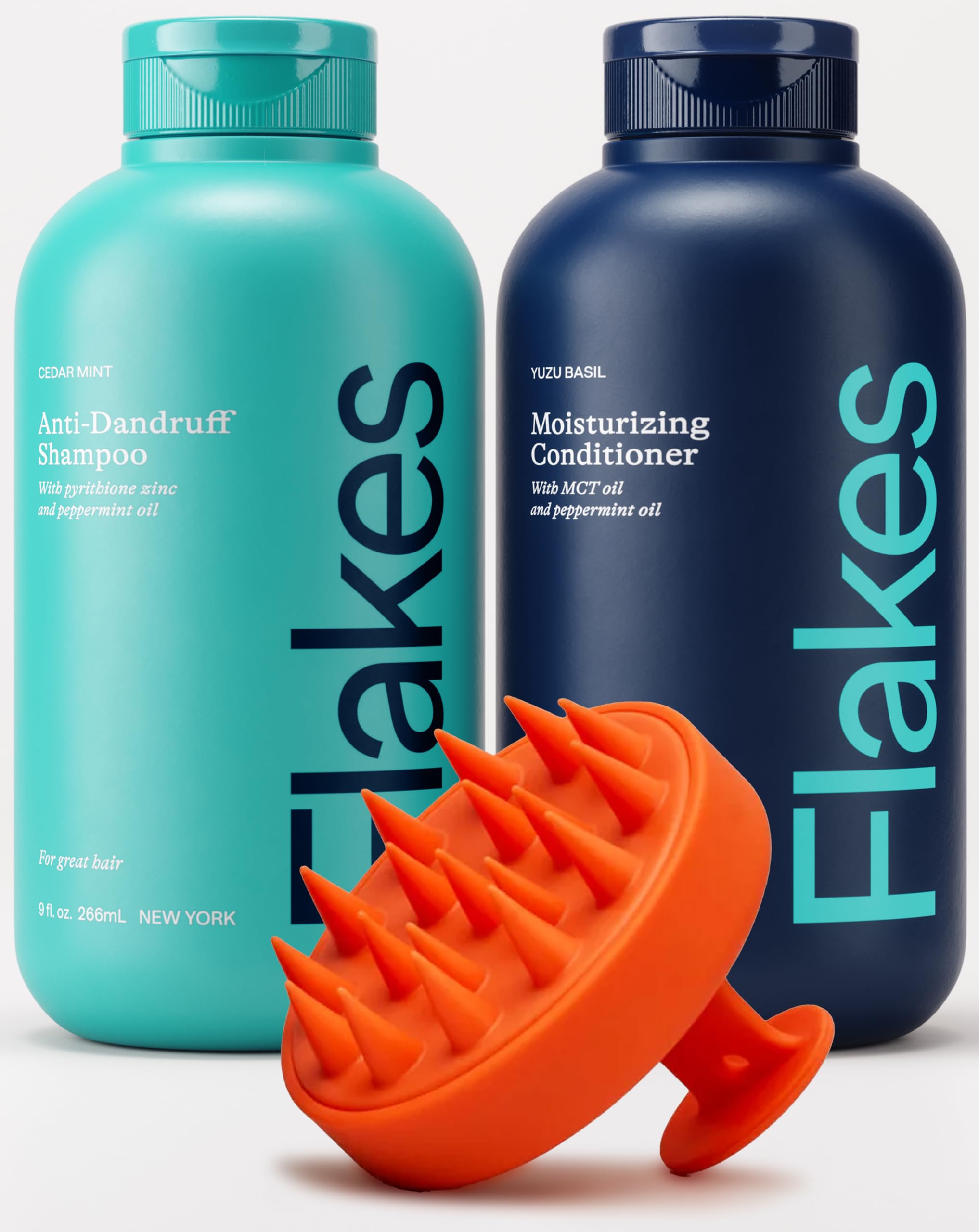 Flakes front packaging showing shampoo and conditioner set, clarifying dandruff care