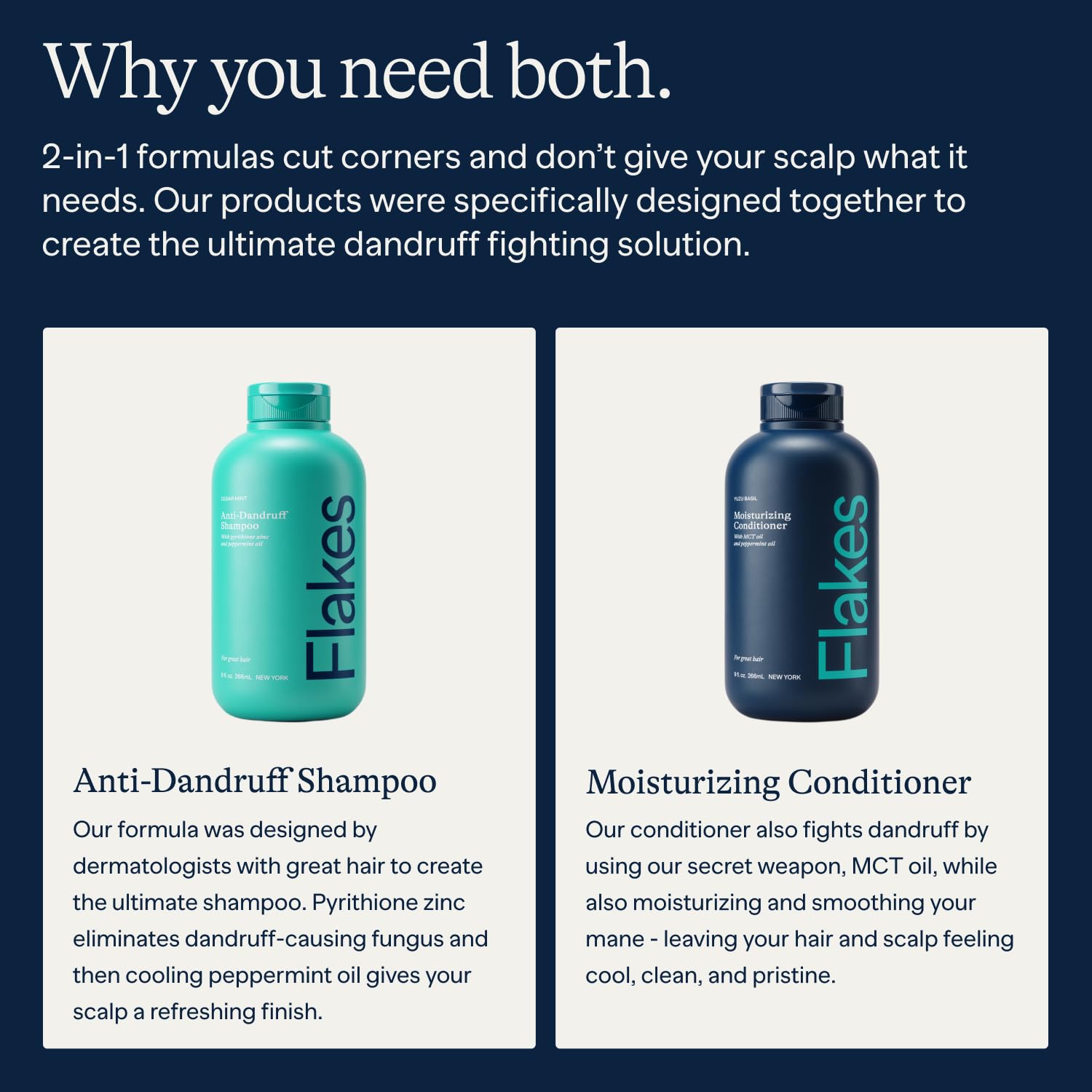 Flakes shampoo label close-up with pump, highlighting 2% pyrithione zinc benefit