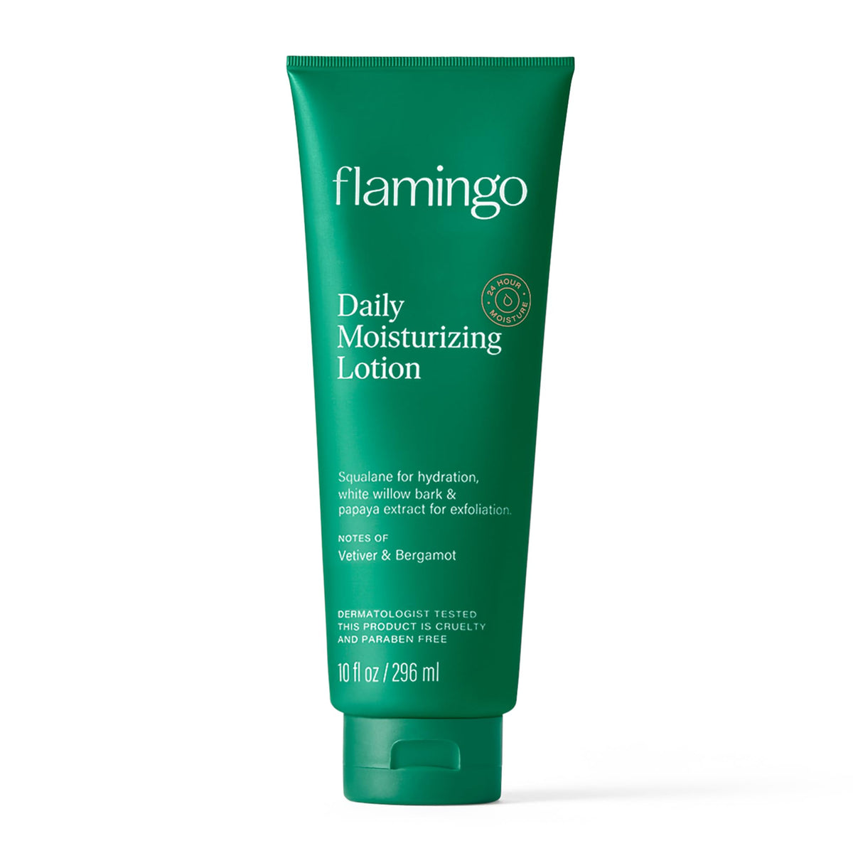 Flamingo bottle front label showing product name and 24 hour hydration benefit