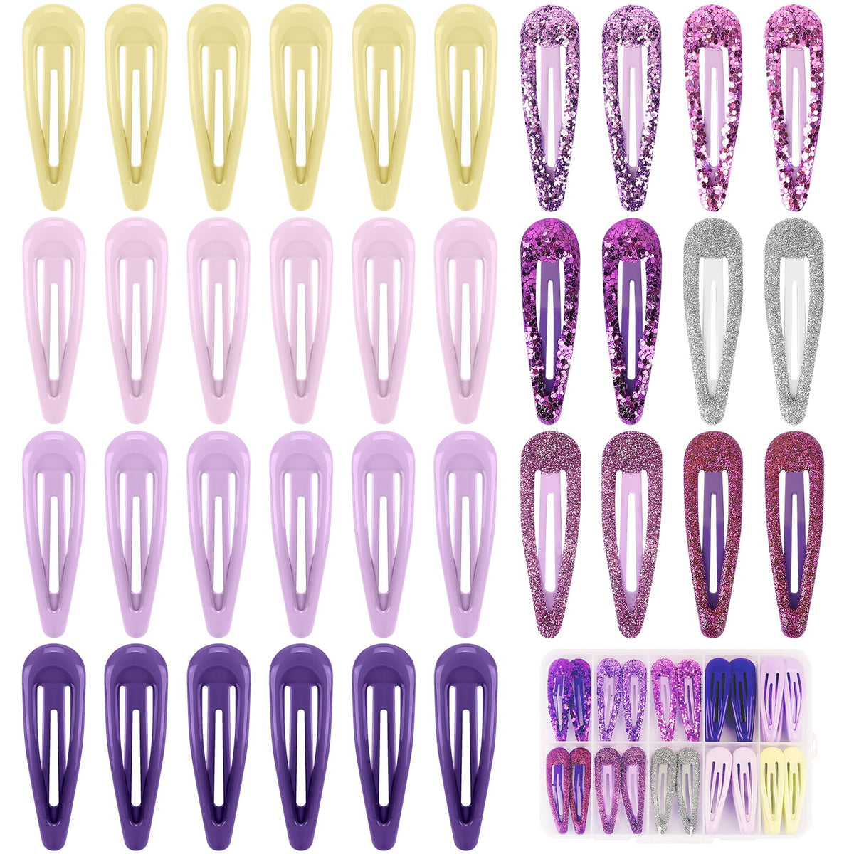FLAREANN front packaging showing 36 purple snap hair clips and box for easy gifting