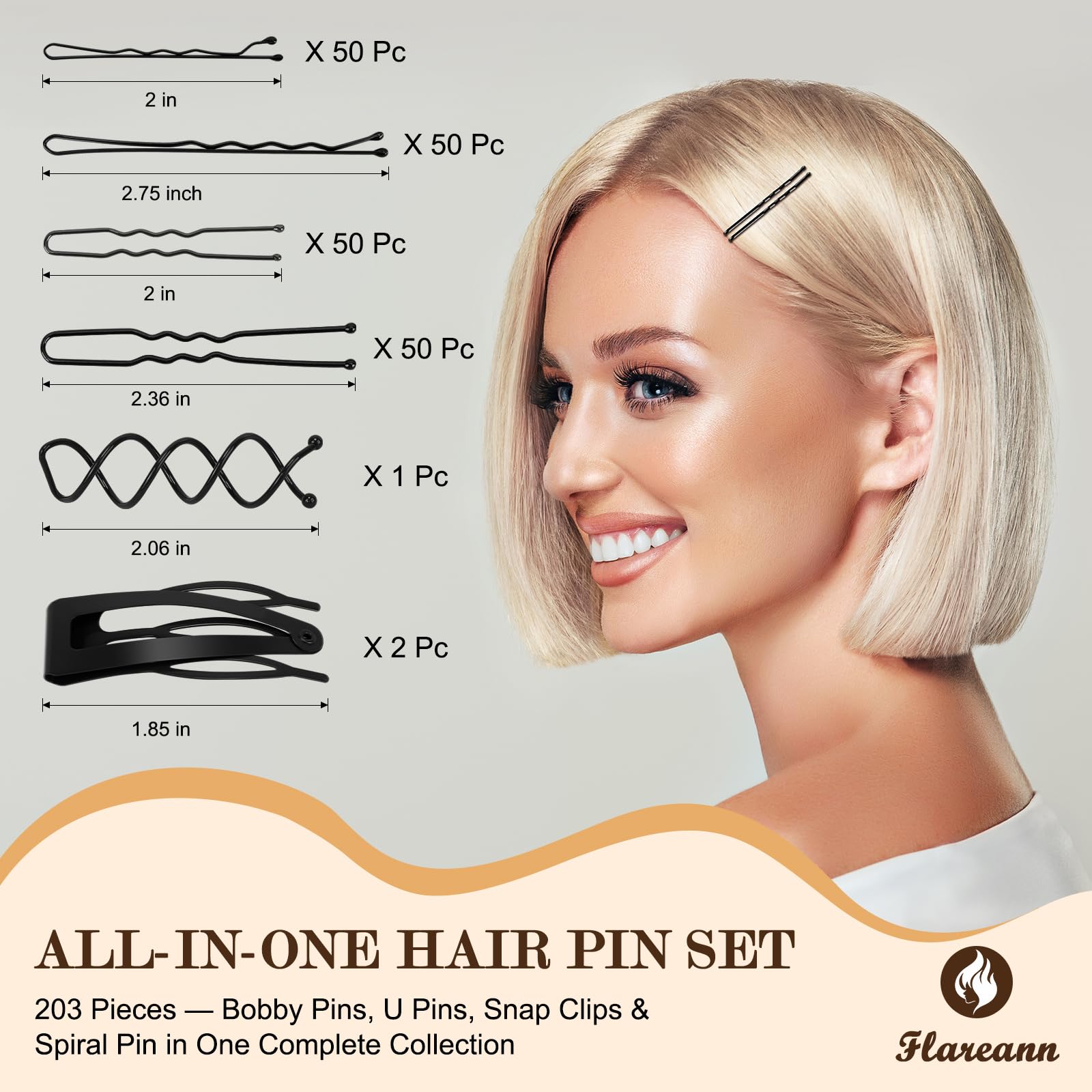 FLAREANN pins laid flat comparing lengths to choose correct size for different styles