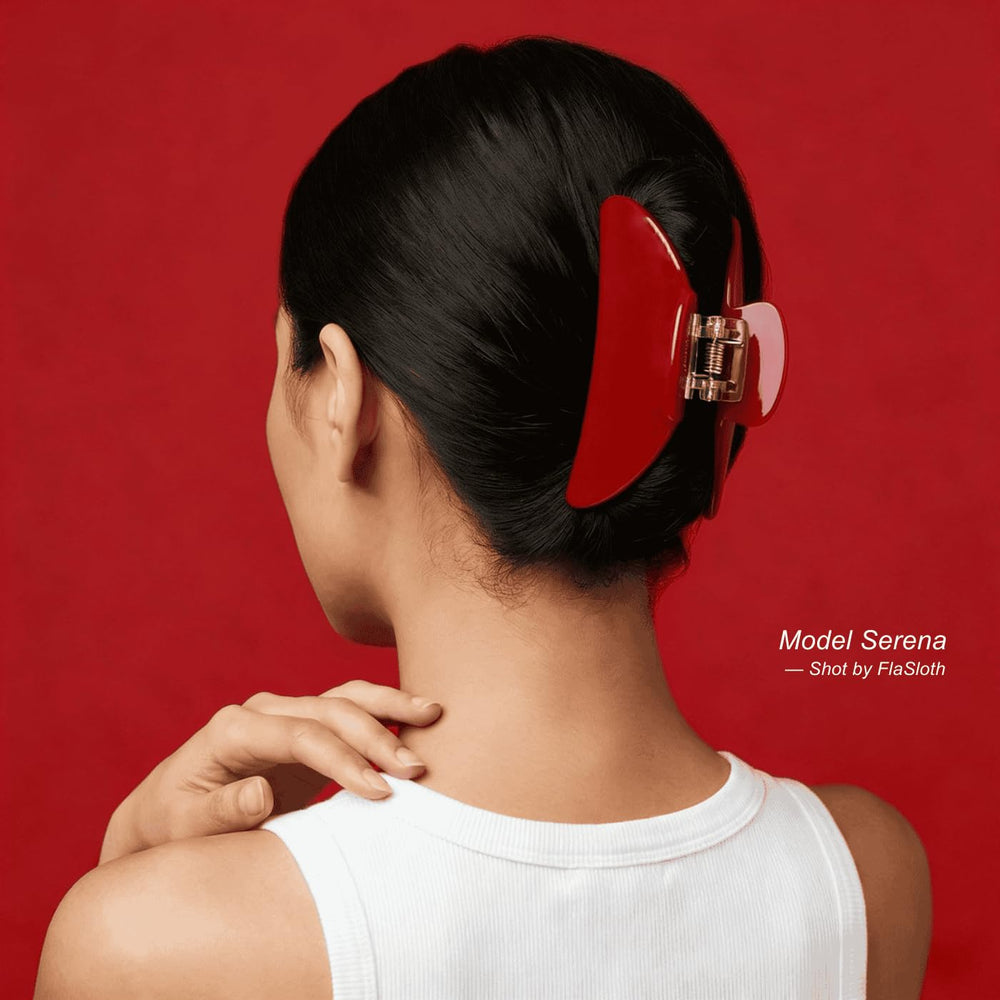FlaSloth Cherry Red worn half-up hairstyle showing comfortable, stylish hold