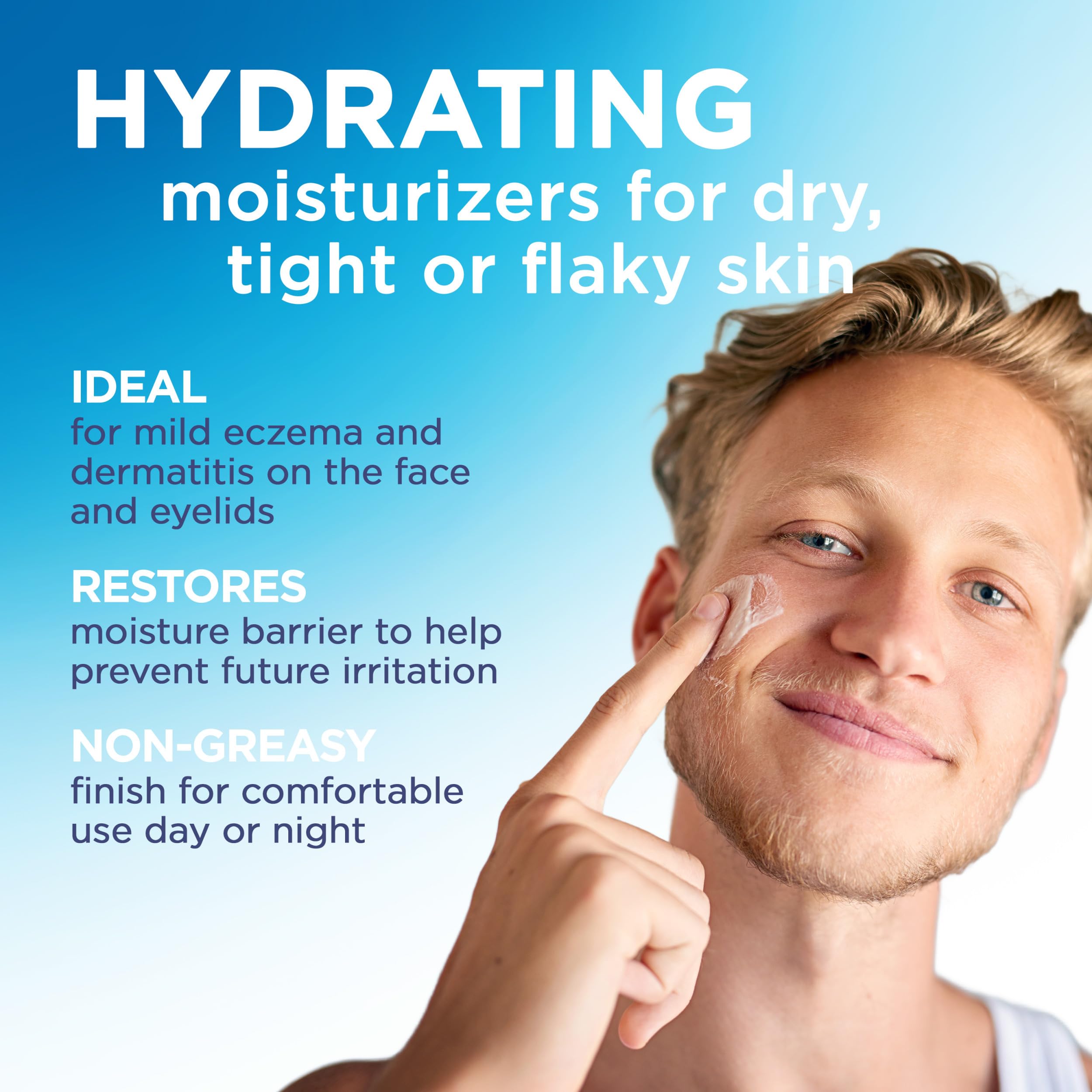Flexitol applied to eyelid demonstrating gentle use and soothing benefit for sensitive skin