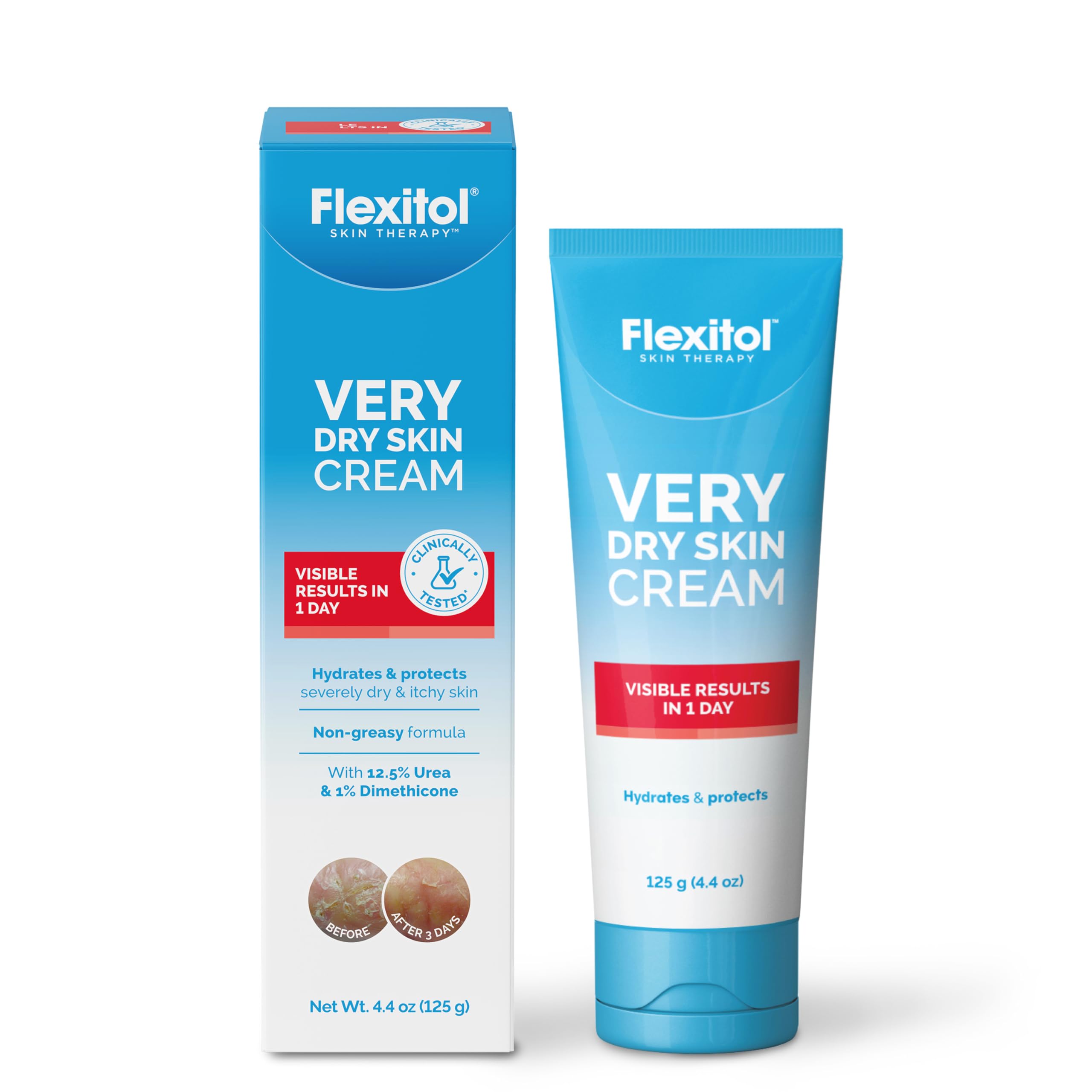 Flexitol front of tube showing product name and 4 oz size, clear identification benefit