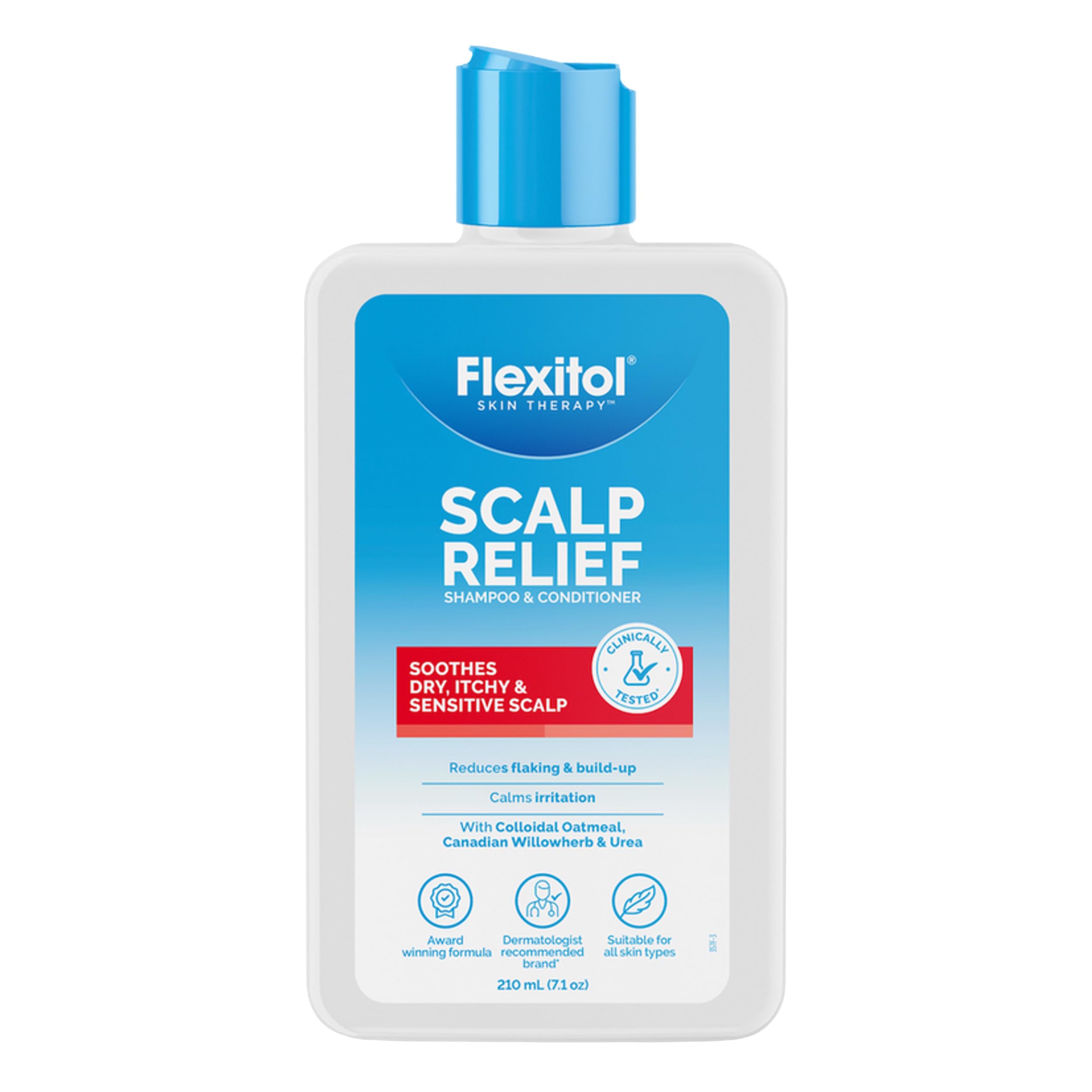 Flexitol front packaging showing shampoo and conditioner, clear calming benefit