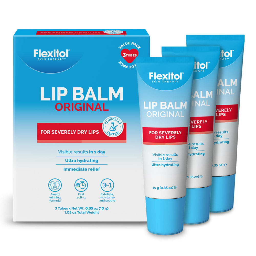 Flexitol lip balm three-pack front view showing packaging and sticks for quick selection