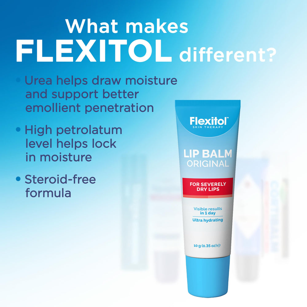 Person applying Flexitol lip balm outdoors demonstrating wind and cold protection
