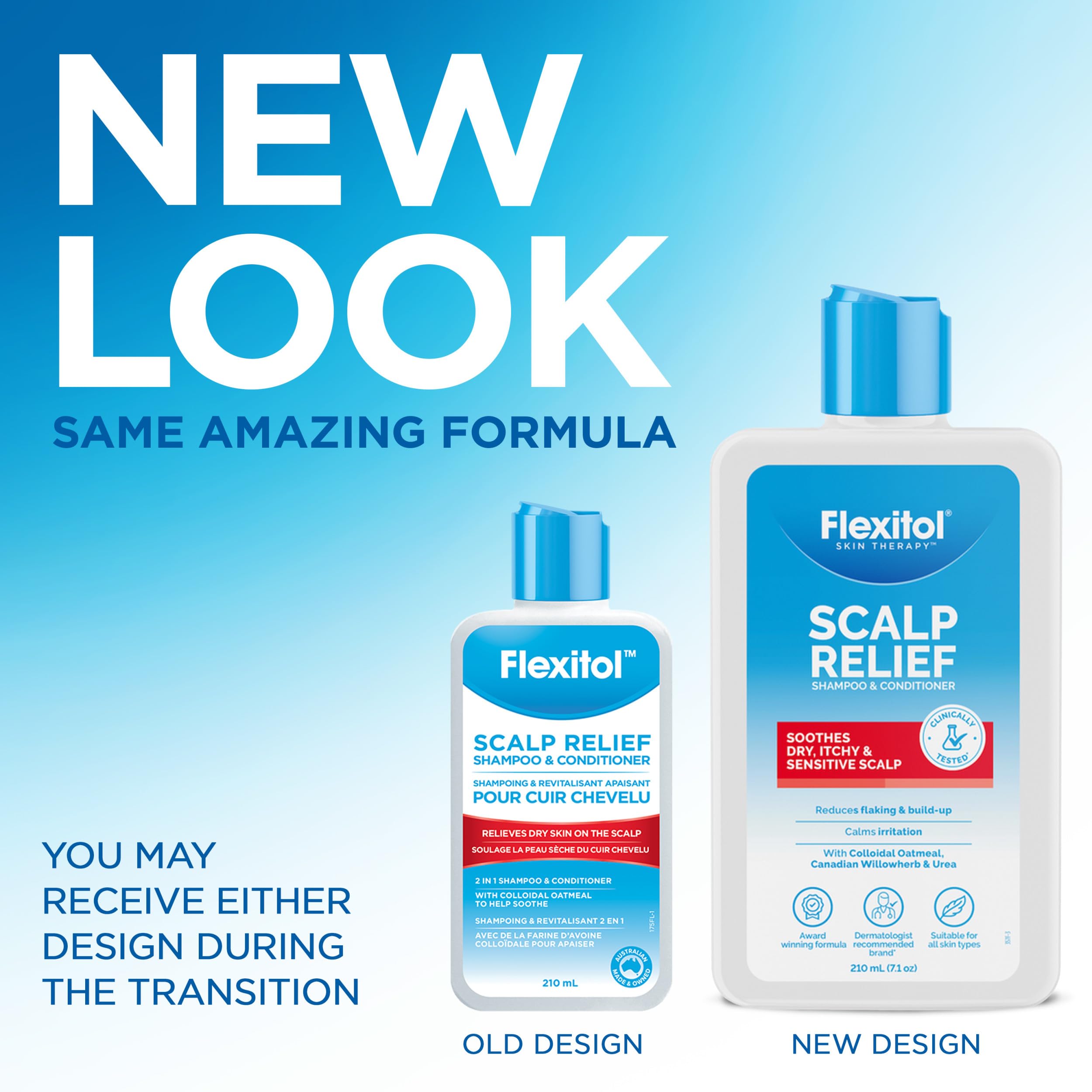 Flexitol bottles beside hand to show 7.1 oz size and travel-friendly convenience