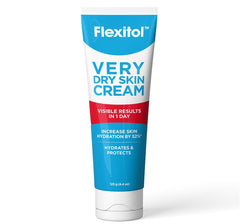 Flexitol tube staged on bathroom counter to suggest routine daily use and convenience benefit