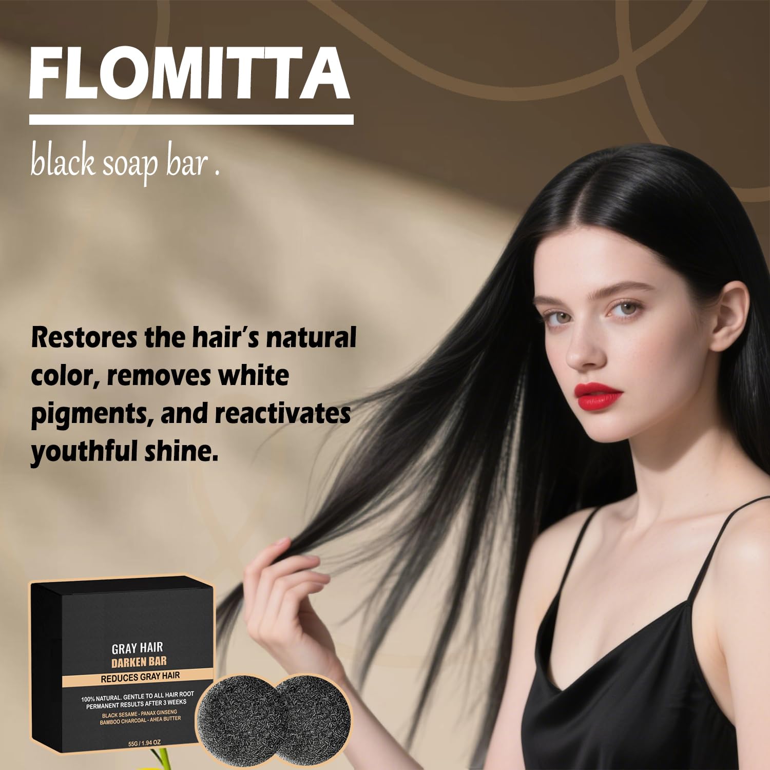 Flomitta bar on bathroom shelf eco-friendly solid shampoo presentation