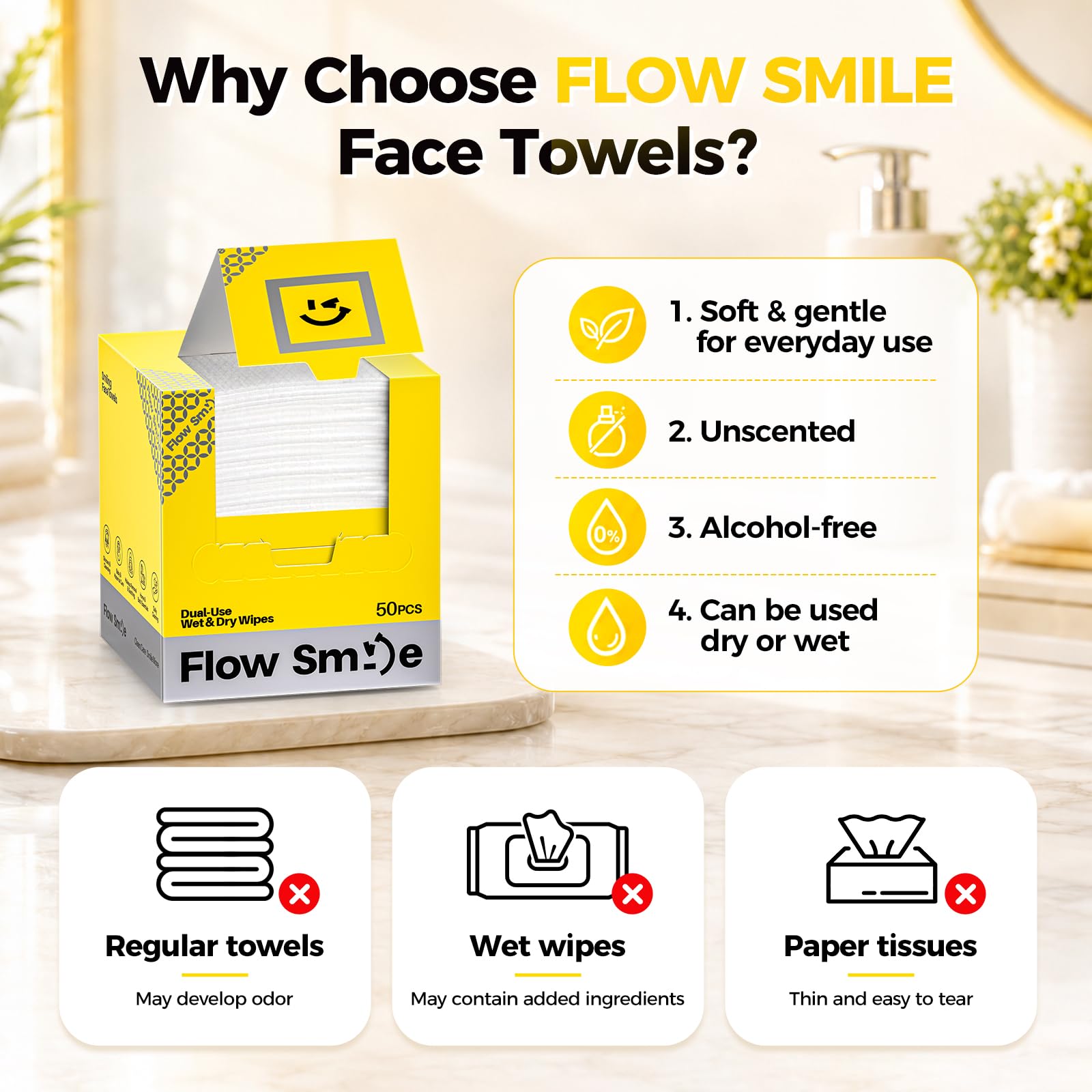 FLOW SMILE dual-sided wipe showing smooth and pearl-patterned sides for cleaning