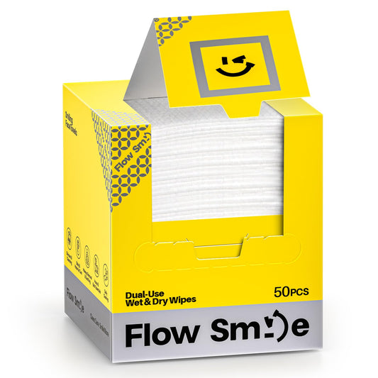 FLOW SMILE front packaging showing 50-count box and branding benefit convenience