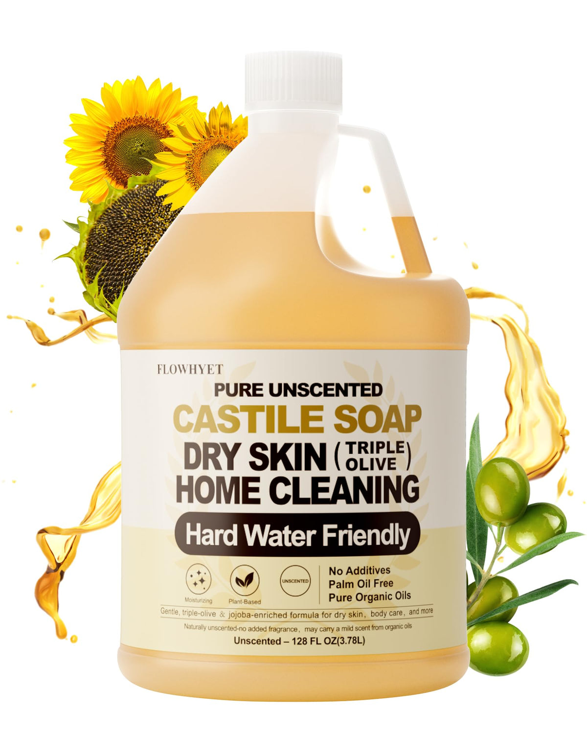 FLOWHYET gallon front label showing unscented castile soap benefits