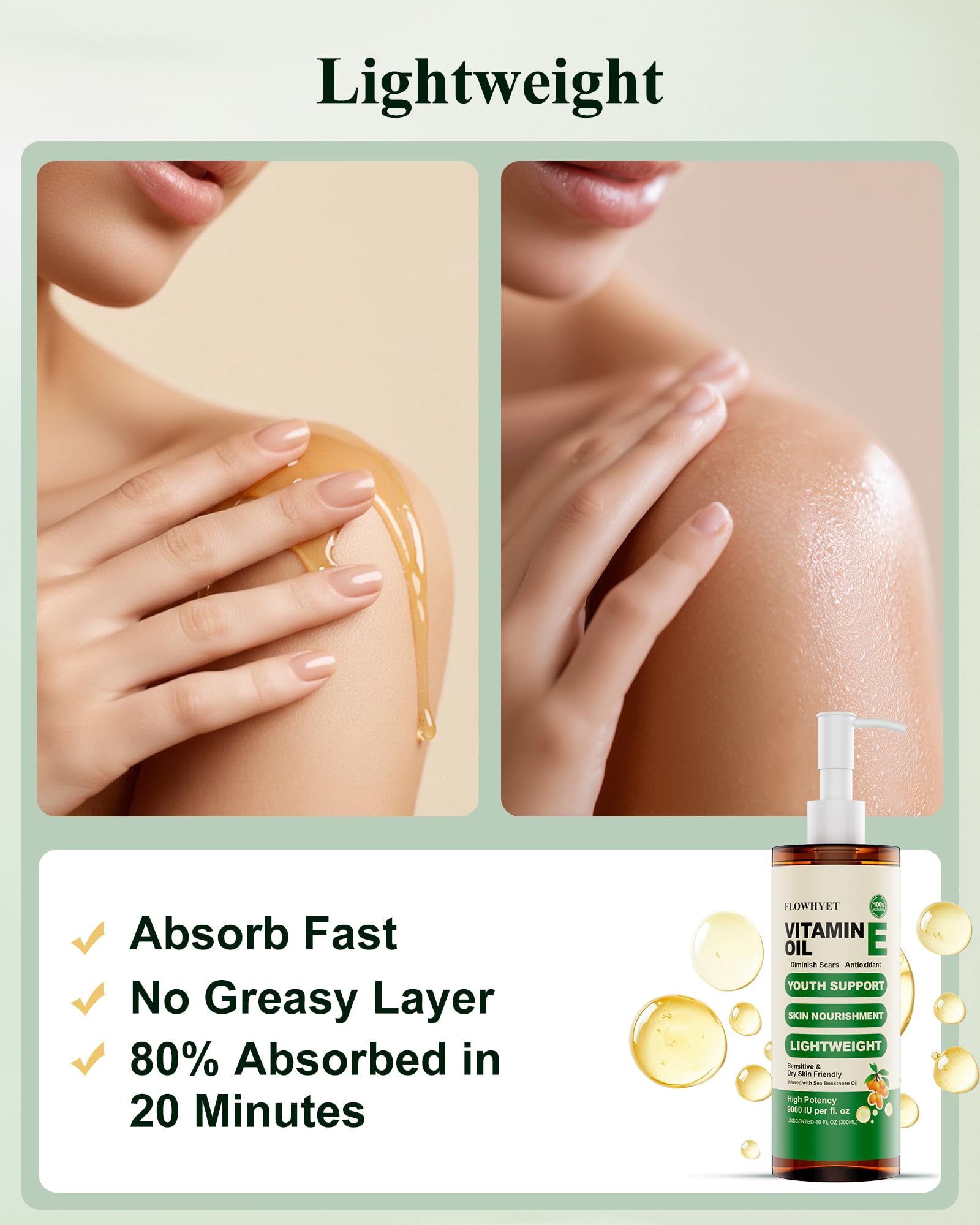 FLOWHYET close-up oil pour texture showing lightweight absorption benefit