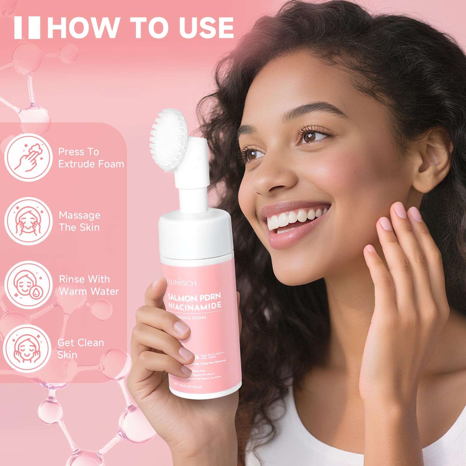 FluMisch ingredient collage featuring salmon DNA and LHA for pore care