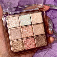 FLYEEO finished evening eye look demonstrating warm pastel shimmer impact