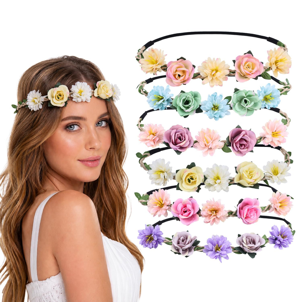 Flyouthe front view of six flower crowns showing variety and convenience