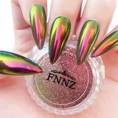 FNNZ chameleon chrome front packaging showing Greeny Rose pigment and brand