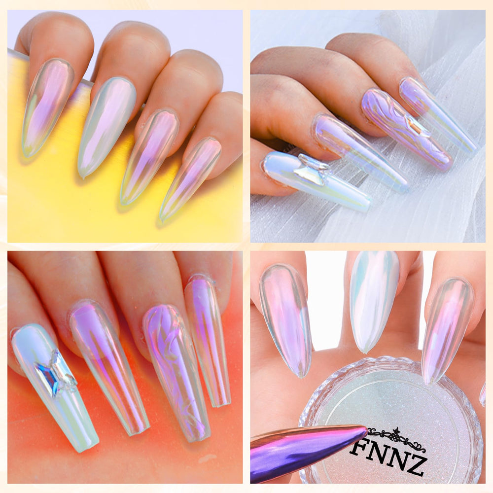 FNNZ polished salon manicure with iridescent violet chrome for eye-catching shine
