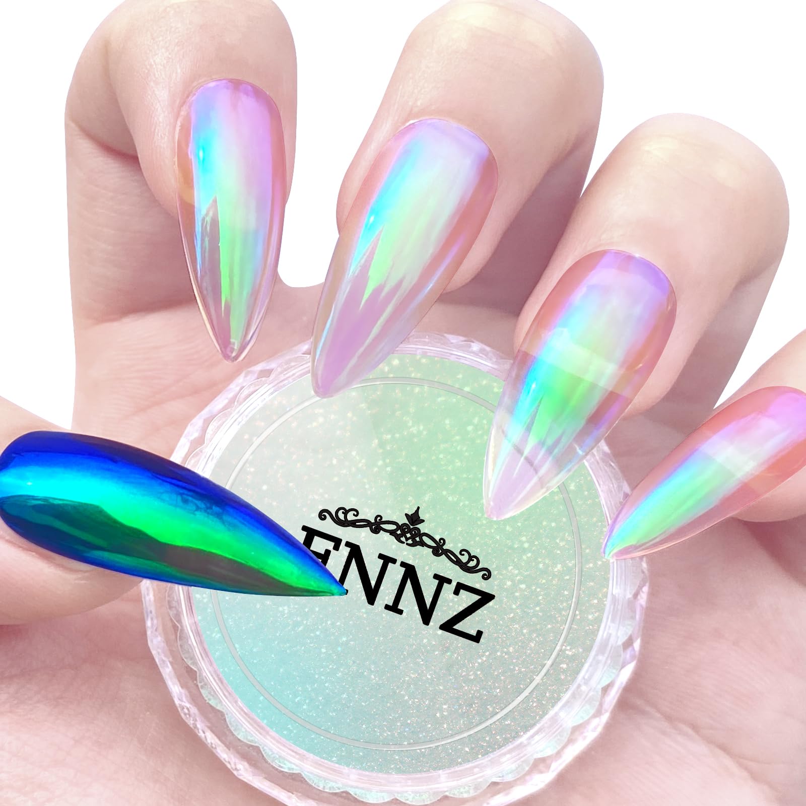 FNNZ front packaging jar showing ocean glimmer powder for vibrant finishes