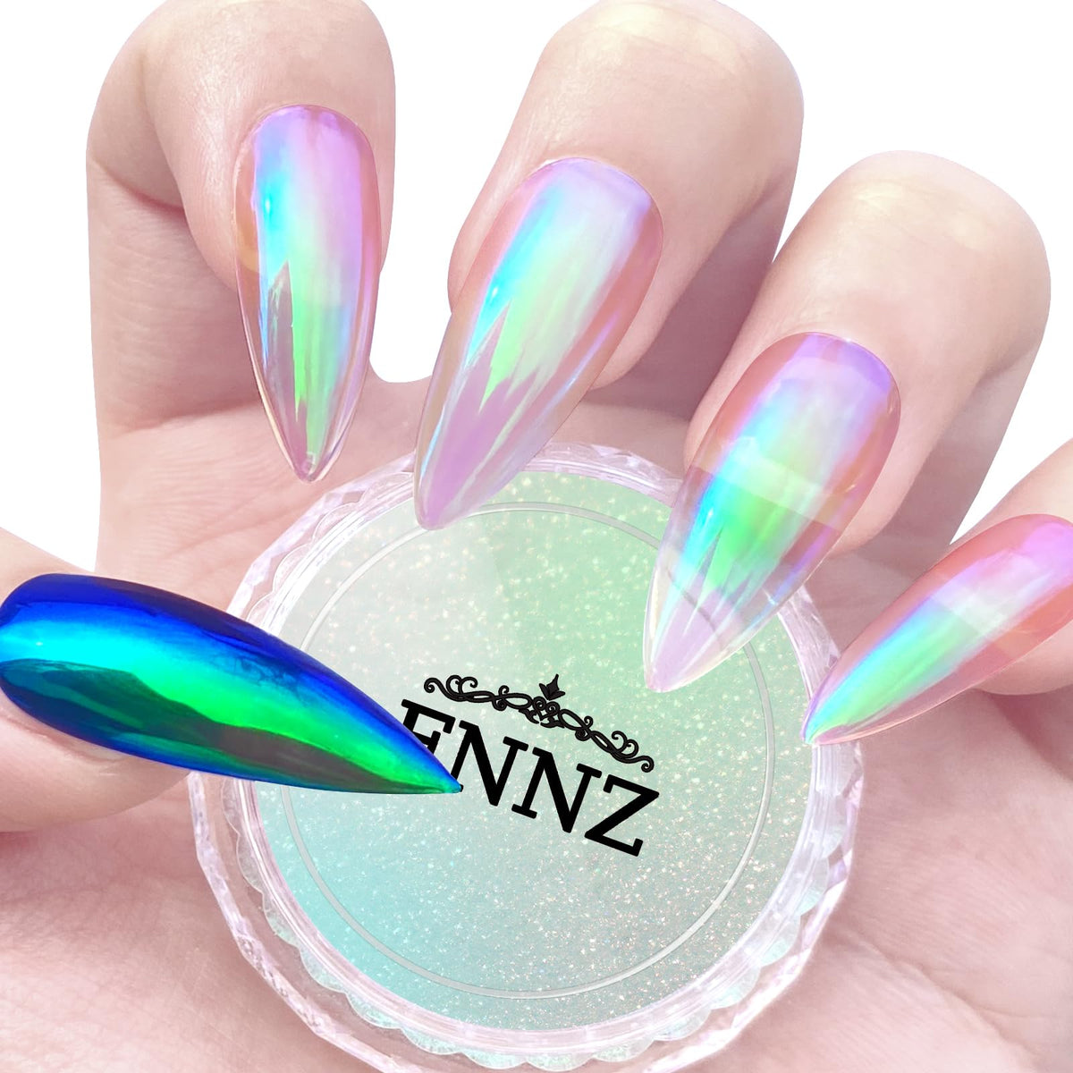 FNNZ front packaging jar showing ocean glimmer powder for vibrant finishes