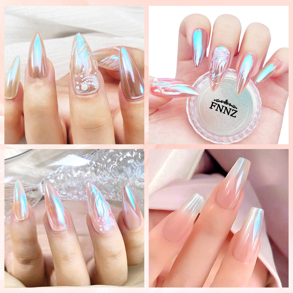 FNNZ Glacier Ocean before and after nails illustrating dramatic chrome transformation