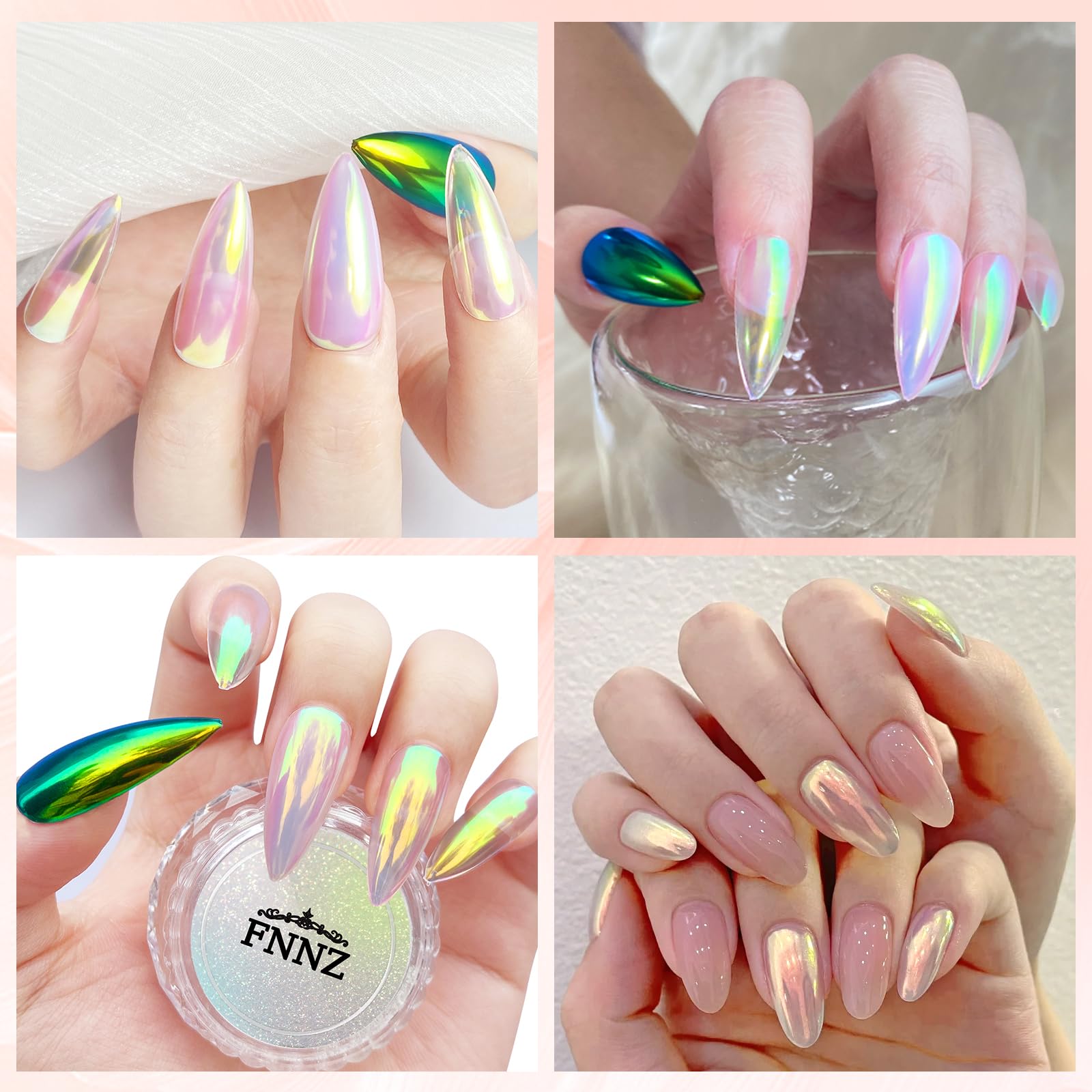 FNNZ nail tips color comparison illustrating aurora shifts over light and dark bases
