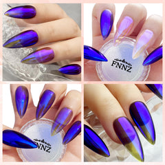 FNNZ chrome powder on nails over clear base showing pearlescent color-shift benefit