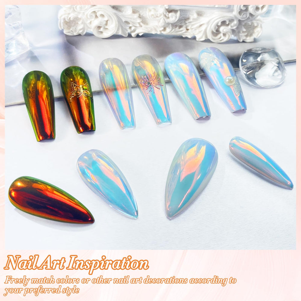 FNNZ powder on white base nails showing bright pearlescent sunset glow