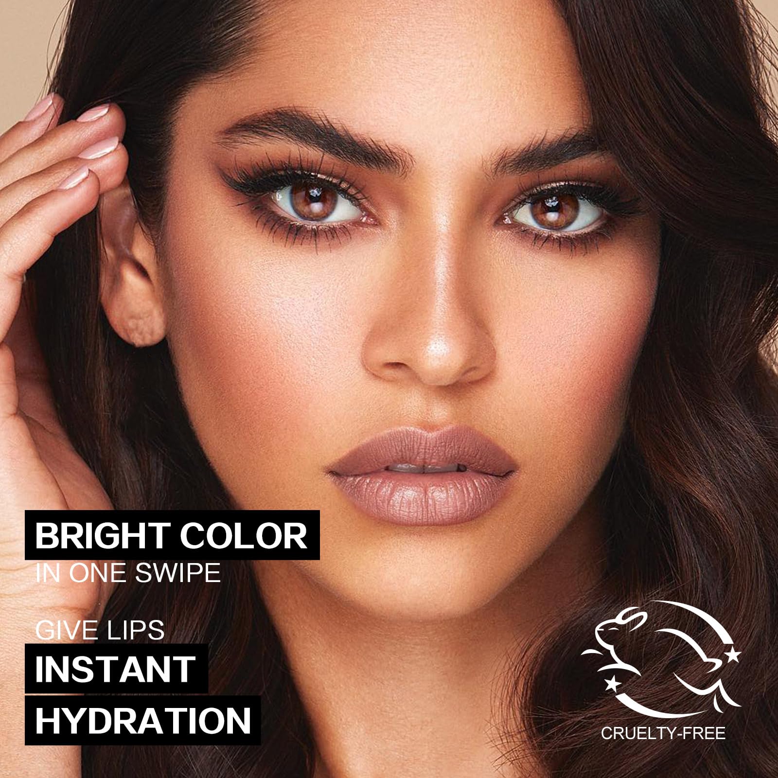 FOCALLURE application on lips showing full-coverage payoff and hydrated look benefit