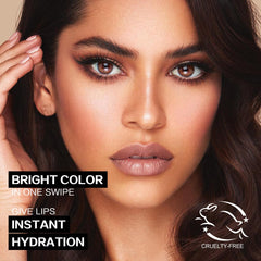 FOCALLURE application on lips showing full-coverage payoff and hydrated look benefit