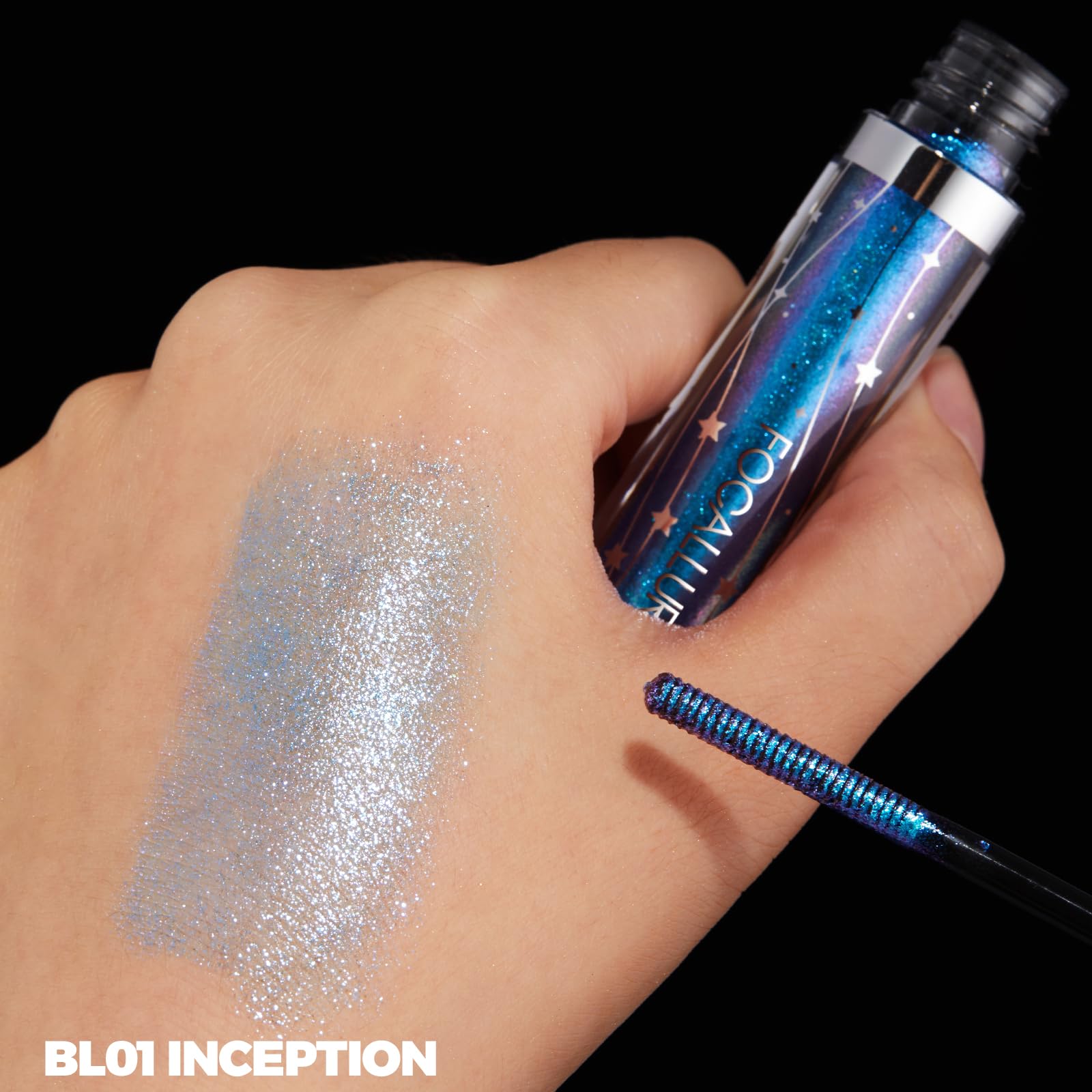 FOCALLURE blue shimmer gel swatch showing fine texture and buildable sparkle benefit