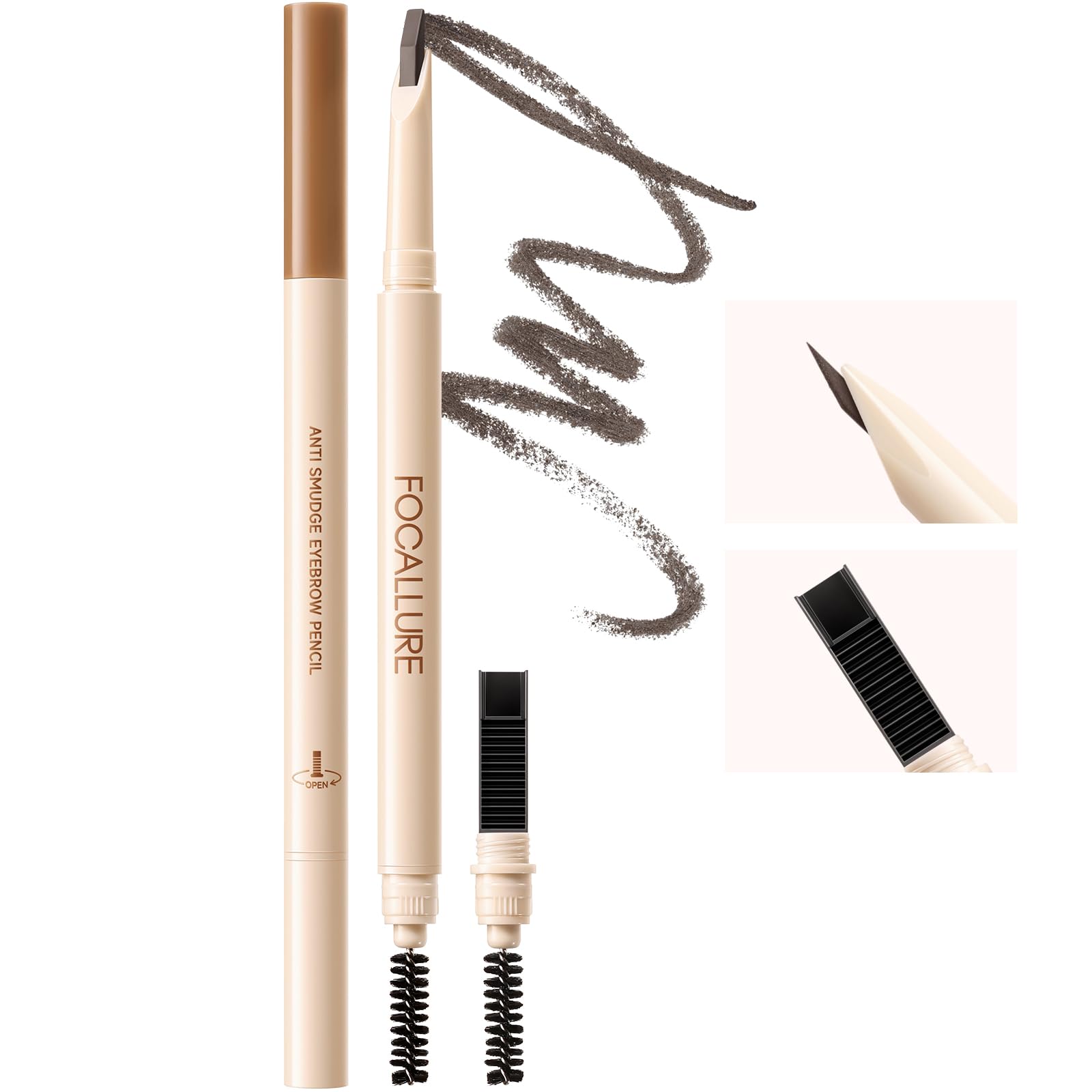 FOCALLURE brow pen front view showing sleek double-ended design and shade label benefit: travel-ready