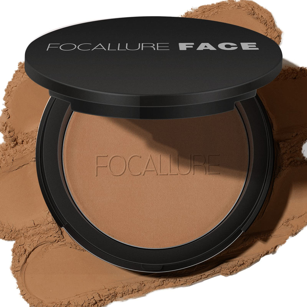FOCALLURE compact front view showing Almond shade and portable design benefit