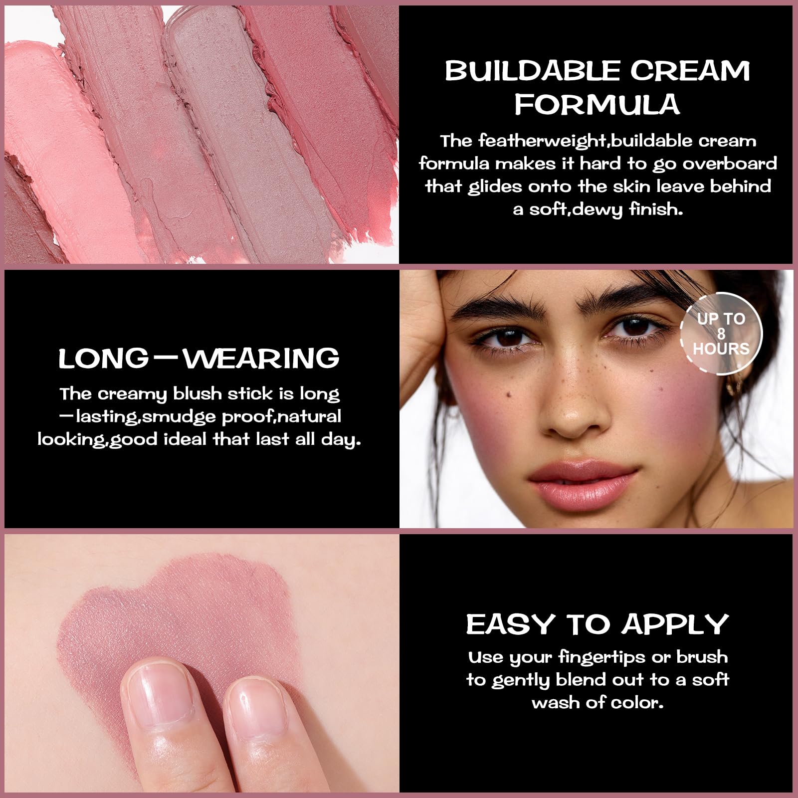 FOCALLURE model applying dusty orchid on cheeks for natural flushed benefit
