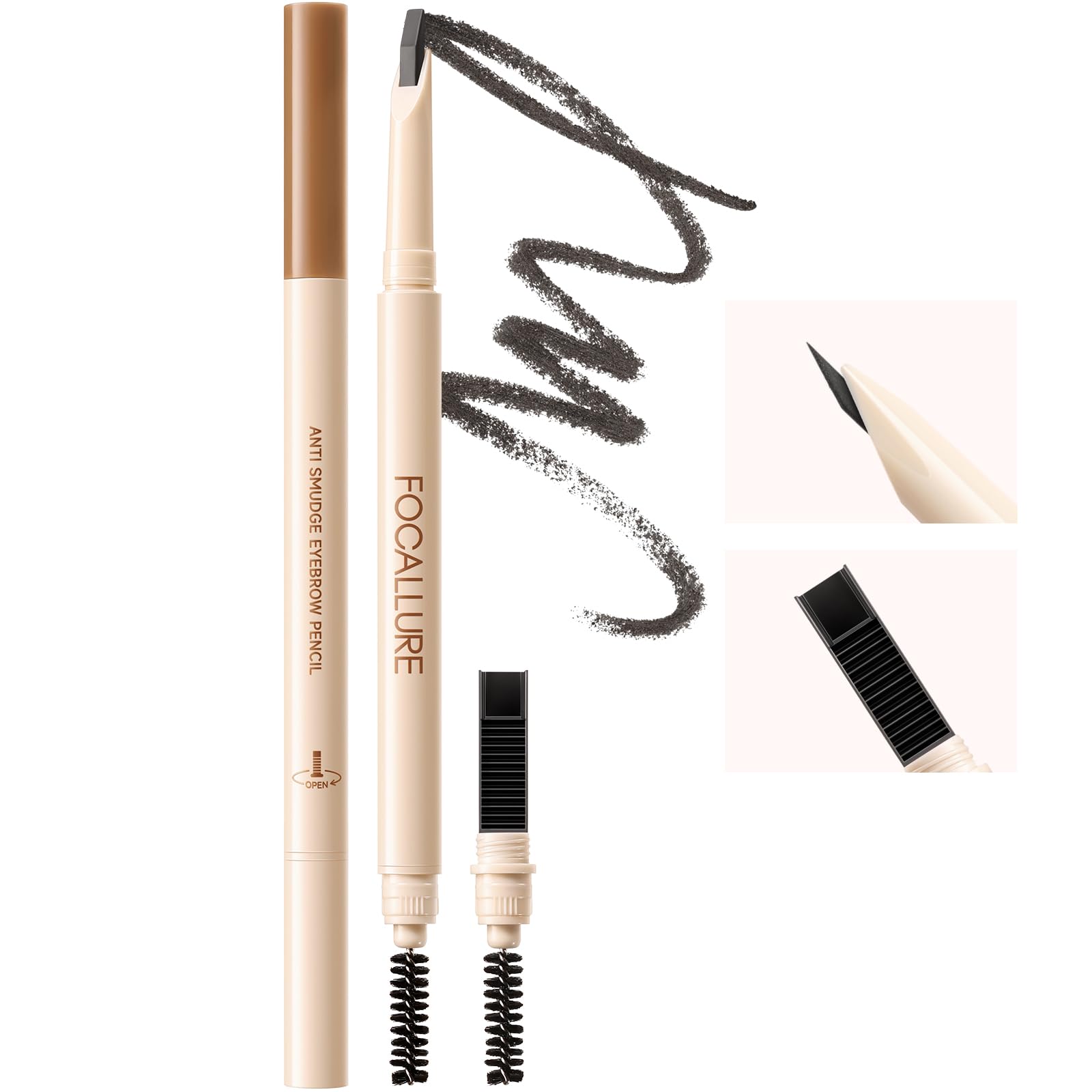 FOCALLURE eyebrow pencil front packaging showing pen and cap for neat storage