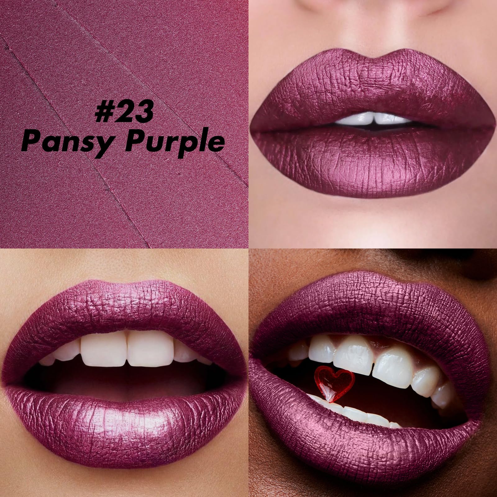 FOCALLURE applied on lips in a lifestyle shot showing flattering purple tone and comfort