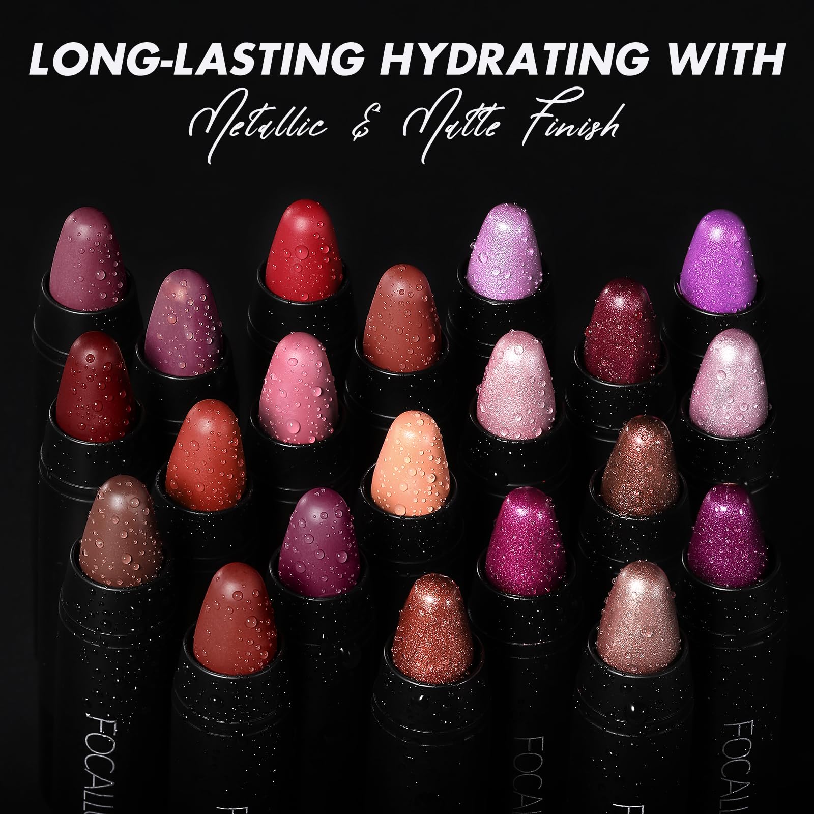 FOCALLURE lip crayon close-up label details showing shade number benefit: easy shade identification