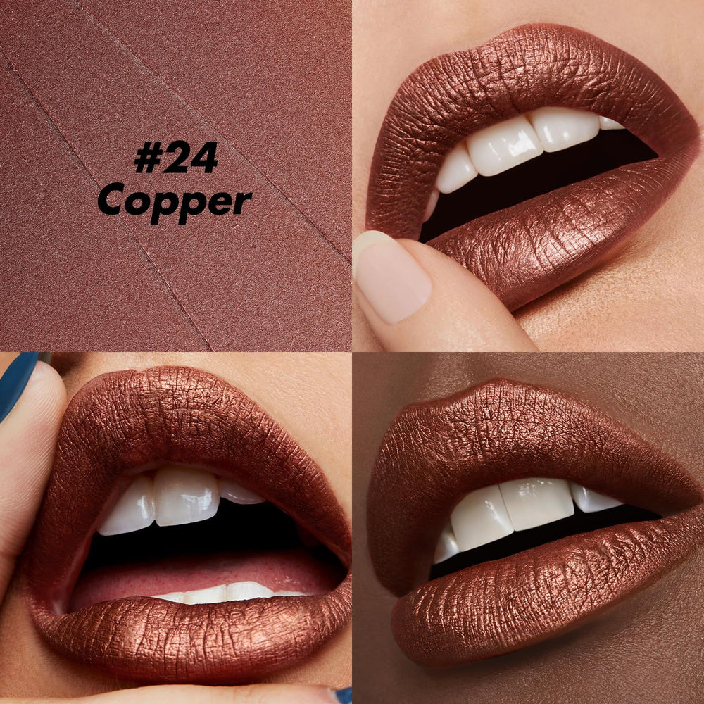 FOCALLURE lip crayon swatch on hand showing metallic copper payoff benefit: true-to-color preview