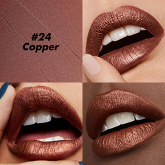 FOCALLURE lip crayon swatch on hand showing metallic copper payoff benefit: true-to-color preview