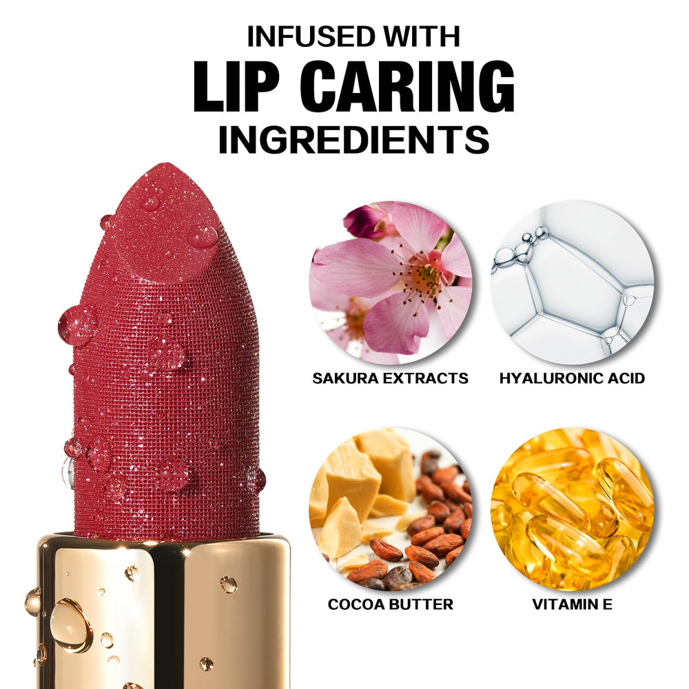 FOCALLURE lipstick applied on model lips demonstrating high-impact shimmer and polished look