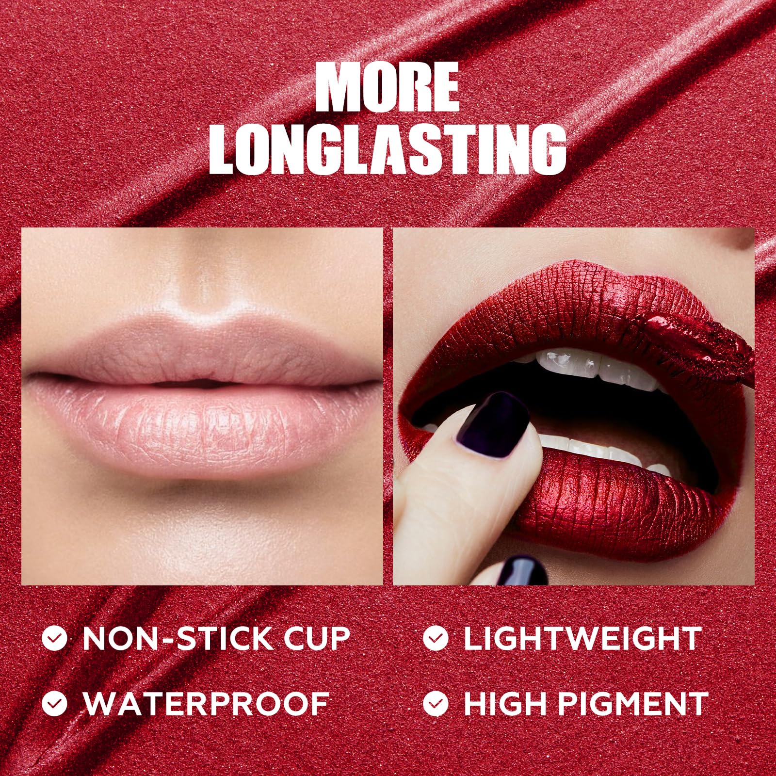 FOCALLURE closeup on lips highlighting metallic shine and even coverage benefit