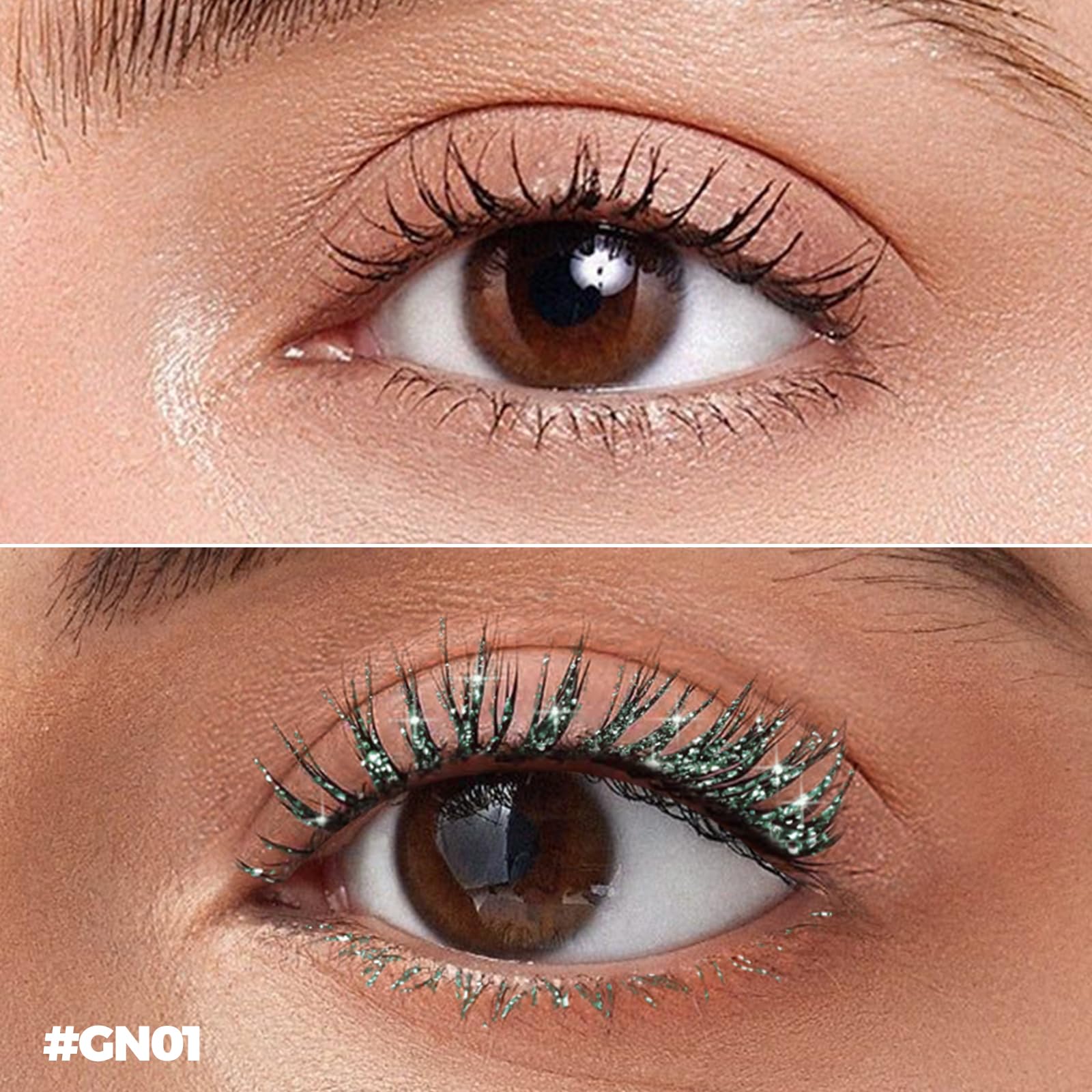 FOCALLURE comparative before and after lashes showing visible green shimmer