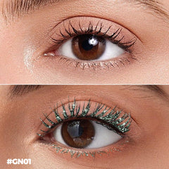 FOCALLURE comparative before and after lashes showing visible green shimmer