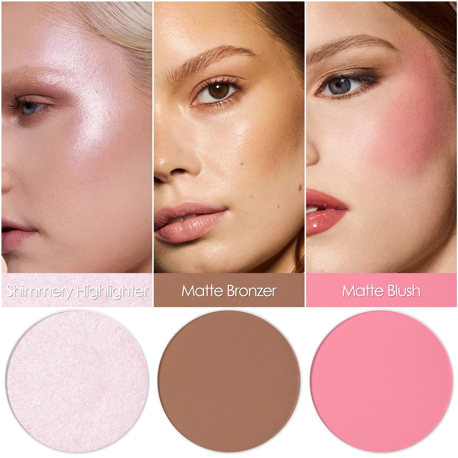 FOCALLURE open palette top-down view displaying bronzer, blush, and highlighter trio