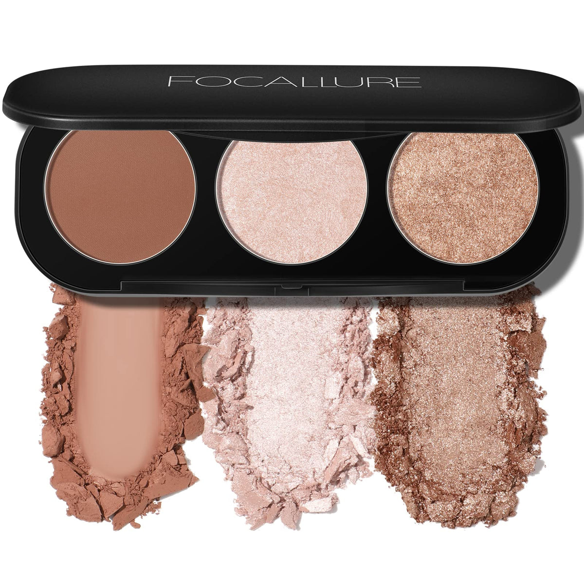 FOCALLURE palette front view showing three pans and mirror for portable glow