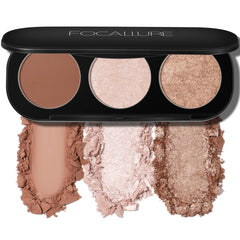 FOCALLURE palette front view showing three pans and mirror for portable glow