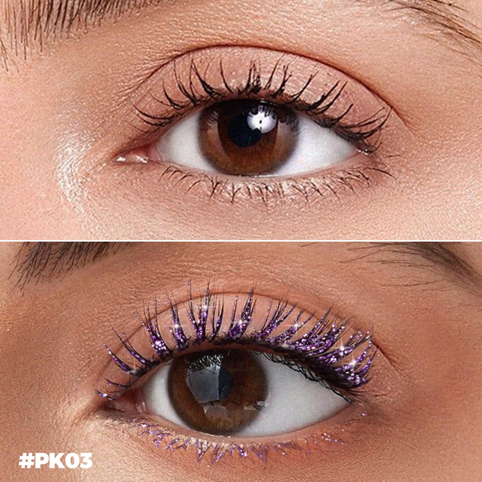 FOCALLURE lashes before and after demonstrating added sparkle and length